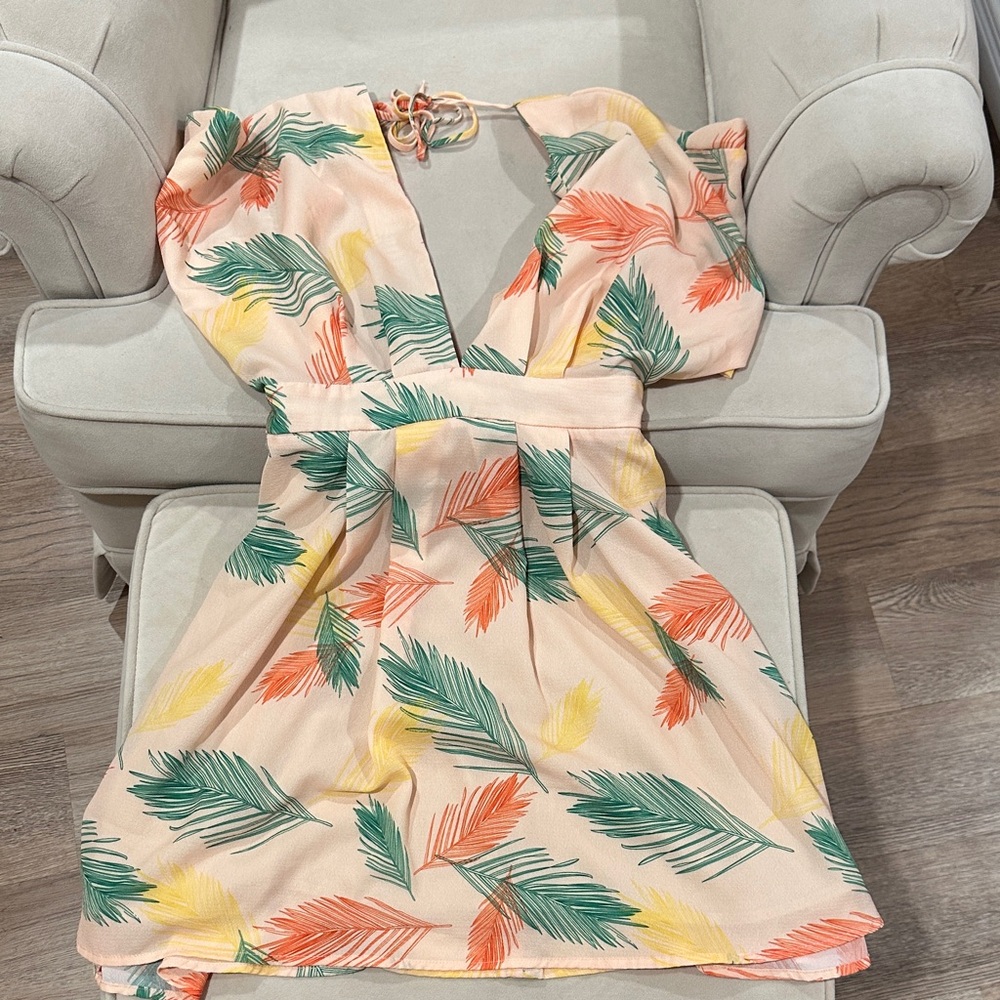 Tropical Leaf Print Open-back Dress